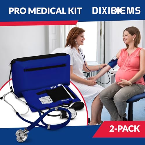 Image of Blood Pressure Monitor and Sprague Stethoscope Kit - 2-Pack, Adult Aneroid Sphygmomanometer with Dual-Head Stethoscope, Adjustable BP Cuff, Carrying Case & Accessories - Royal Blue