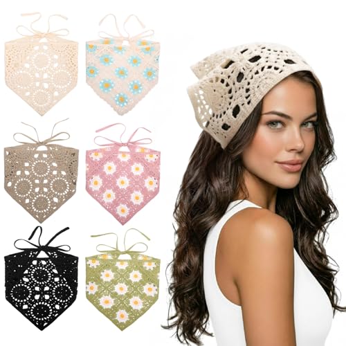 JATEBI 6 Pieces Hair Bandanas Crochet Head Scarf Women Knit Bandana Vintage Headband Scarf Tie-Back Head Coverings Floral Daisy Headscarf for Girls(Green)