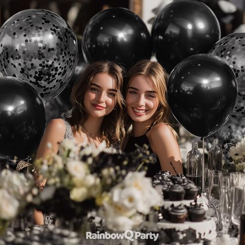 Image of Black Latex Balloons: 55Pcs 12 inch Black Confetti Party Balloons Helium Latex Balloon Ribbons for Birthday Anniversary Graduation Wedding Decoration