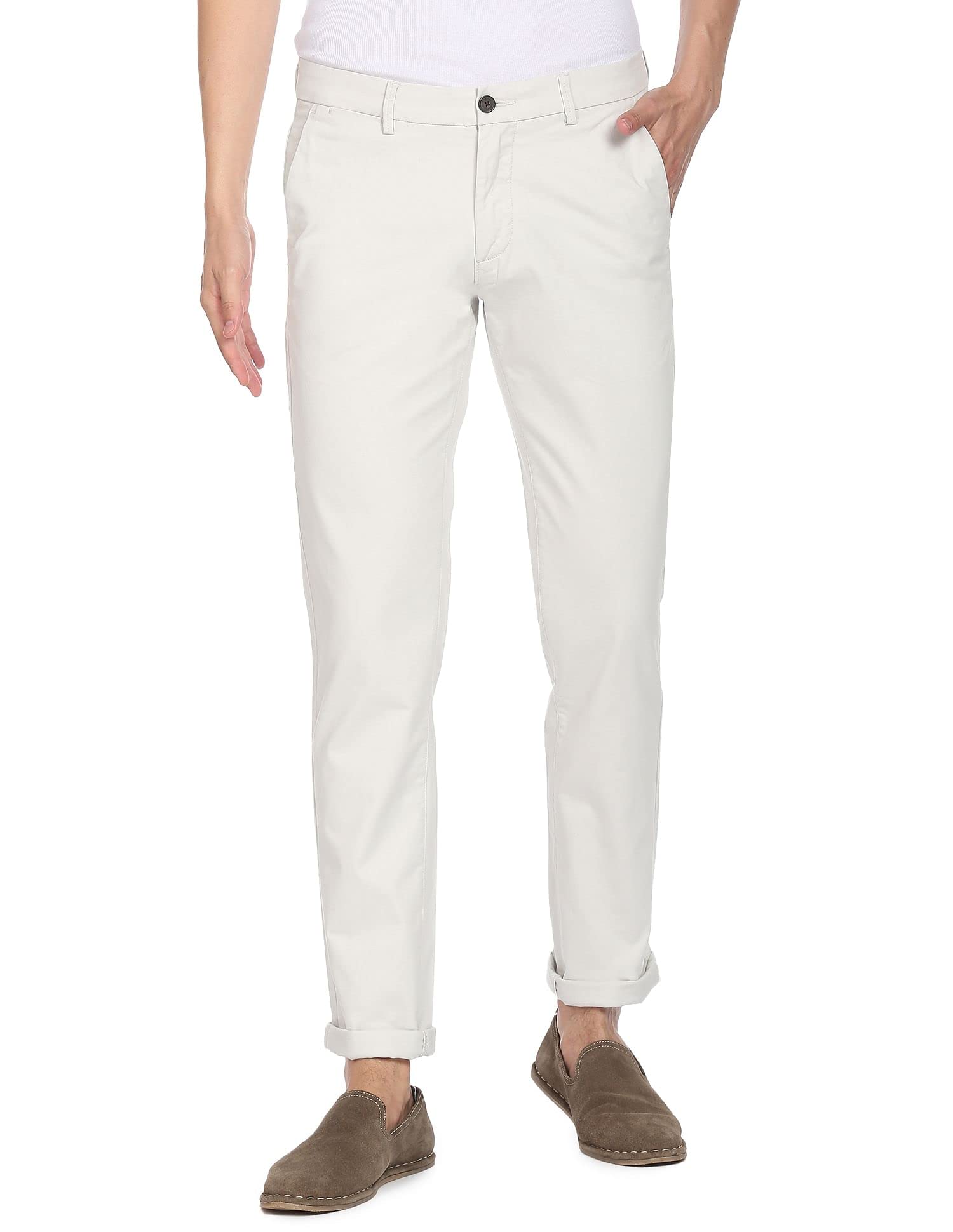 arrow Men's Ecru Twill Weave Solid Casual Regular Fit Trousers-picture-32