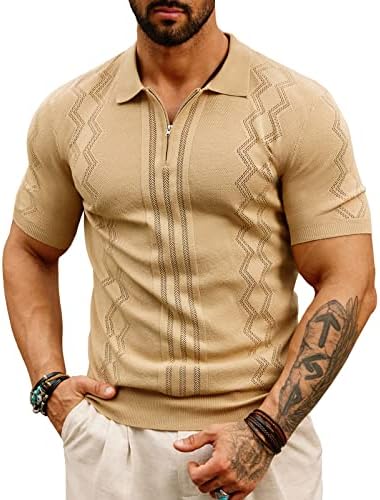 Mens Quarter Zip Polo Shirts Elastic Short Sleeve Premium Golf T-Shirts