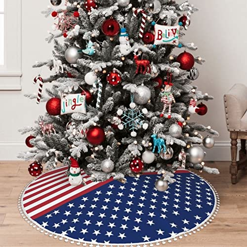 American Flag Stars Stripes Pompom Christmas Tree Skirt Party Decoration Tree Skirt. Diameter 30/36/48 Inches #TOP6