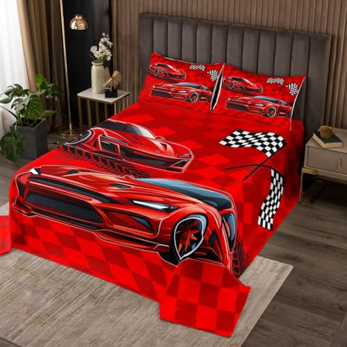 Cool Race Car Quilt Bedding Set Queen Size,Red Sports Cars Speed Race Bedspread Coverlet for Girls Teens,Racing Themed Red Checkered Soft Polyester Quilt Set, All Season