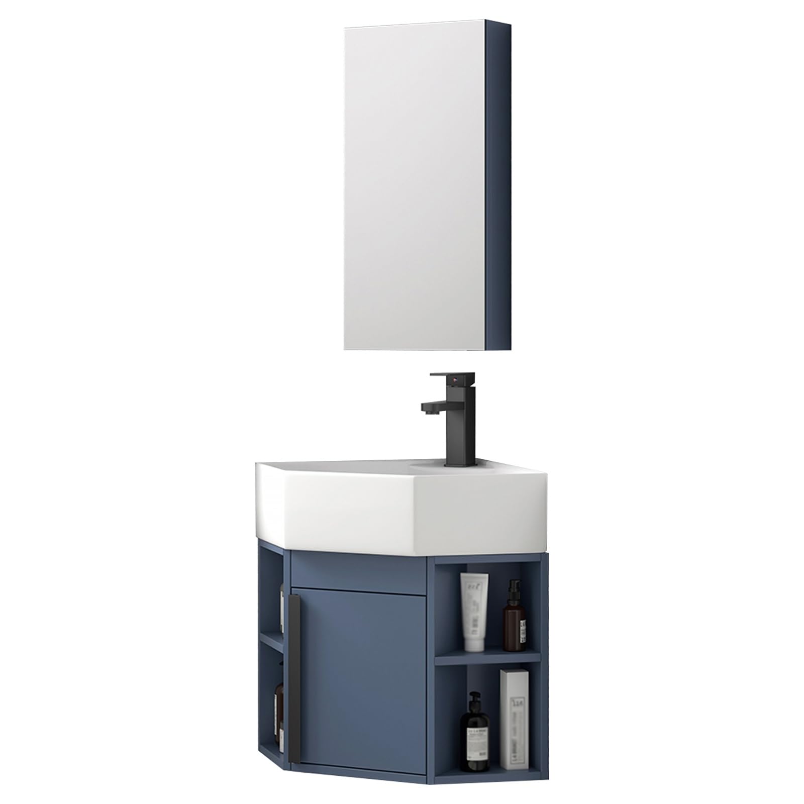 DFGHNBVC Corner Wall Mount Small Bathroom Vanity Set With Ceramic Sink Mirror Cabinet Hot Cold Faucet Combo Ideal For Home Kitchen Or Patio Room 45Cm/17.7In,One Color-45Cm/17.7In
