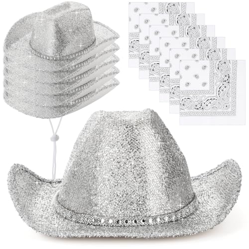 Image of Coume 12 Pcs Sparkly Adults Cowboy Hat and Bandanas Women Men Western Glitter Cowgirl Party Hats with Adjustable Drawstring