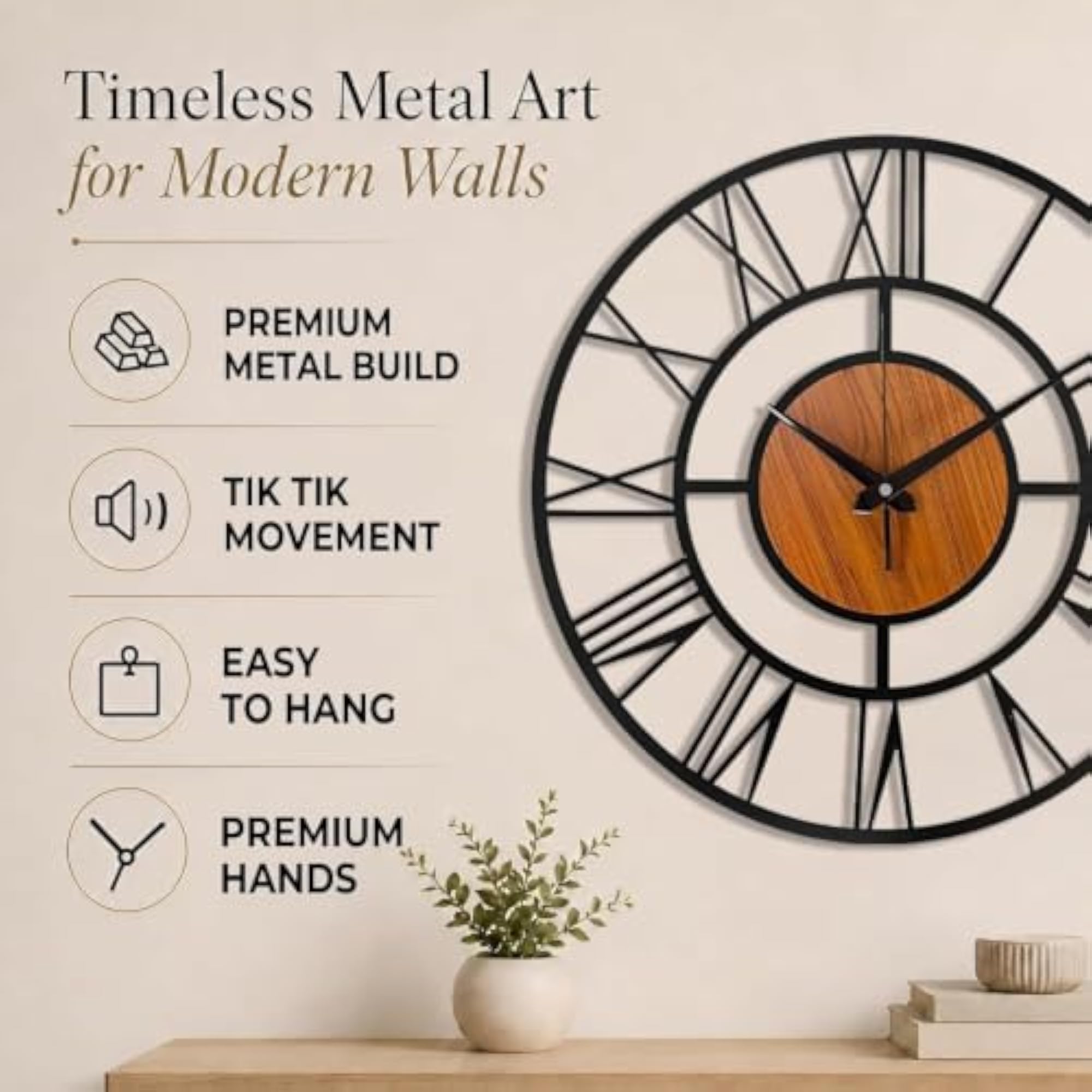 Large Modern Metal Roman Numeral Wall Clock, Stylish Design
