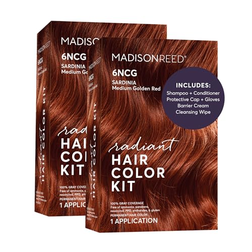 Image of Madison Reed Radiant Hair Color Kit - 6NCG Medium Golden Red with Copper Tones (Sardinia Red), Permanent Hair Dye, Dimensional Gray Hair Blending | PPD-Free & Ammonia-Free, 3 Pack