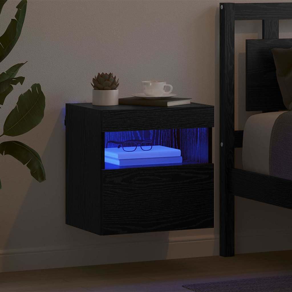 Étagère murale pour TV, aspect chêne, noire, 40 x 30 x 40 cm, en matériau du bois, support TV flottant, avec éclairage LED, console multimédia pour salon, chambre à coucher, centre de