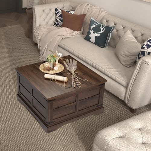 Wnutrees Farmhouse Coffee Table with Hinged Lift Top and Large Hidden Storage Compartment, Rustic Square Wood Central Table for Living Room, Home Office, Walnut