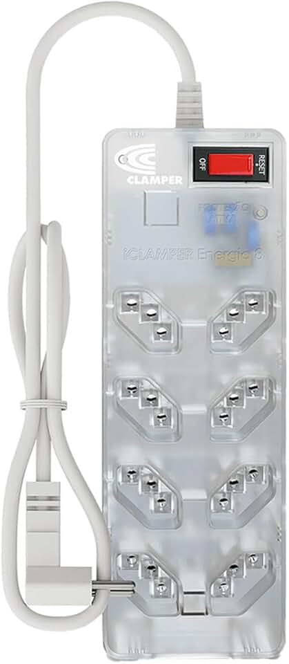 Filtro de Linha iCLAMPER Energia 8 com Proteção contra Surtos Elétricos(DPS) 8 Tomadas, 3 Pinos, 10 Amperes para PC, Notebook, Monitor, Impressora, PS5, Alexa e etc, Bivolt, Cabo de 1m Transparente