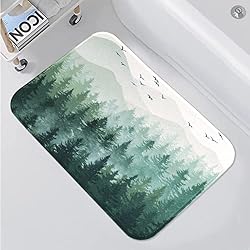 Accnicc Green Misty Forest Small Bathroom Rugs Mat Nature Tree Mountain Bath Rug Water Absorbent Non Slip Shower Mat Memory Foam Bath Mats for Bathroom Decor Green, 24 16
