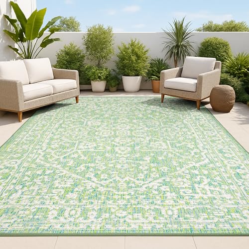 Image of JONATHAN Y Boho Medallion Indoor Outdoor Area Rug 8X10 Cream /Green, Malta Textured Weave for Backyard, Patio, Porch, Easy-Cleaning, High Traffic, Pet-Friendly, Non-Shedding (SMB104F-8)