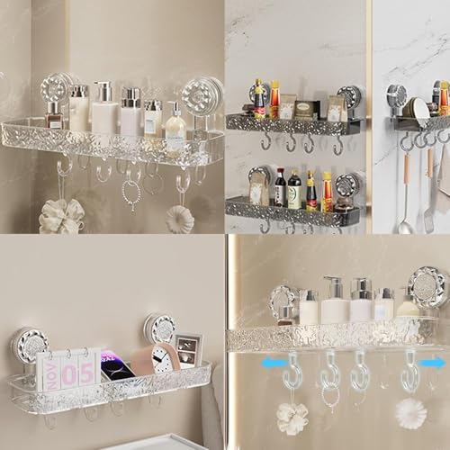 Image of Bathroom Corner Shelf for Wall with Strong Suction Cups - Transparent Acrylic Triangle Storage Rack with Utility Hooks, No-Drill Bathroom Organizer for Shampoo, Soap & Accessories (Rectangular 2 Pcs)