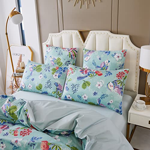 Softta Boho Queen Size Girls Bedding Set 3Pcs Duvet Cover Set 100% Egyptian Cotton Vintage Flower Leaves Owl Pattern Chic Kids Bedding Collections Green #TOP2