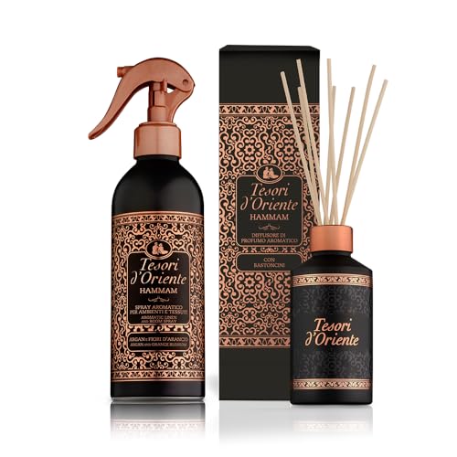 Tesori d'Oriente - Set Profumatore per Ambienti Hammam, Diffusore con Bastoncini con Oli Essenziali 200ml e Profumatore Casa Spray 250ml, dalle Note di Gelsomino e Fiori d'Arancio