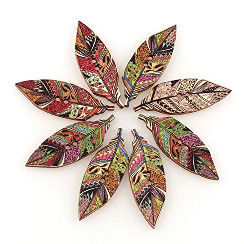 guohanfsh Wooden Buttons,Creative Novelty Handmade Sewing Buttons, 2 Holes Scrapbooking Buttons DIY Decor Craft,Feather Shapes,Pack of 50, 4.2 x 1.5cm