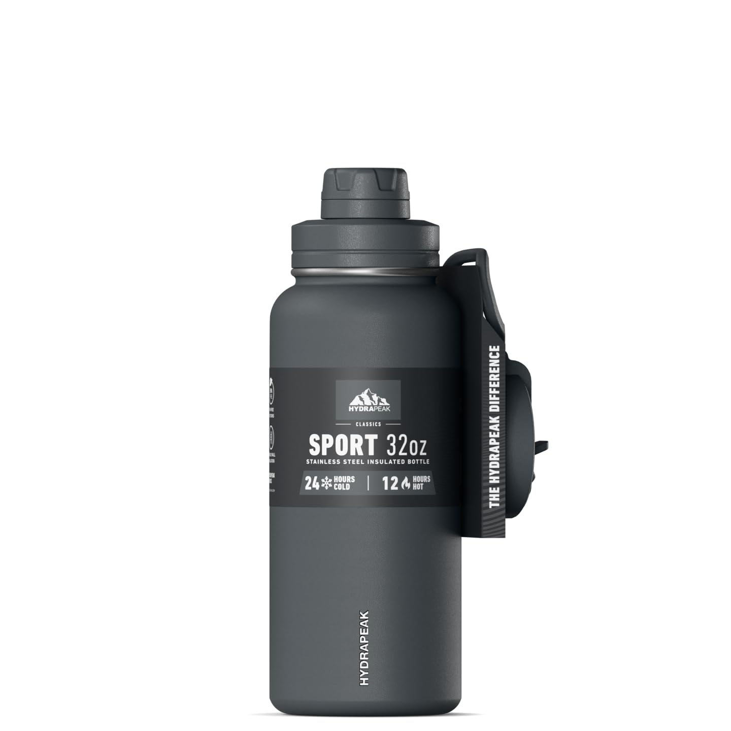 Hydrapeak32oz Sport Insulated Water Bottle with Straw & Chug Lid, Leak & Spill Proof, Keeps Drinks Cold for 24 Hours, Hot for 12 Hours, Premium Stainless Steel Water Bottles (32oz, Grey Matter)