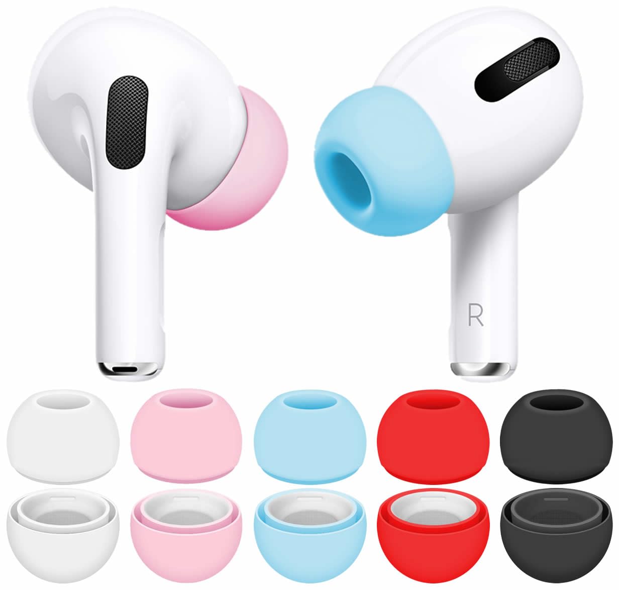 IiEXCEL Small Compatible with AirPods Pro 2nd 1st Ear Tips Buds, Soft Silicone Rubber Replacement Eartips Wing Gel Earplug Compatible with AirPods Pro 2 1st - Black White Pink Blue Red S