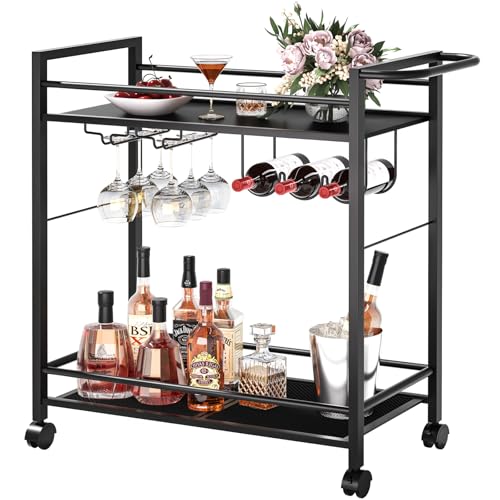 Joaxswe Bar Cart,Home Bar Serving Cart with Storage Shelves, 2 Tier Rolling Beverage Cart with Wheels, Modern Wine Cart with Wine Rack and Glass Holder for Kitchen, Living Room,Dinning Room,Black