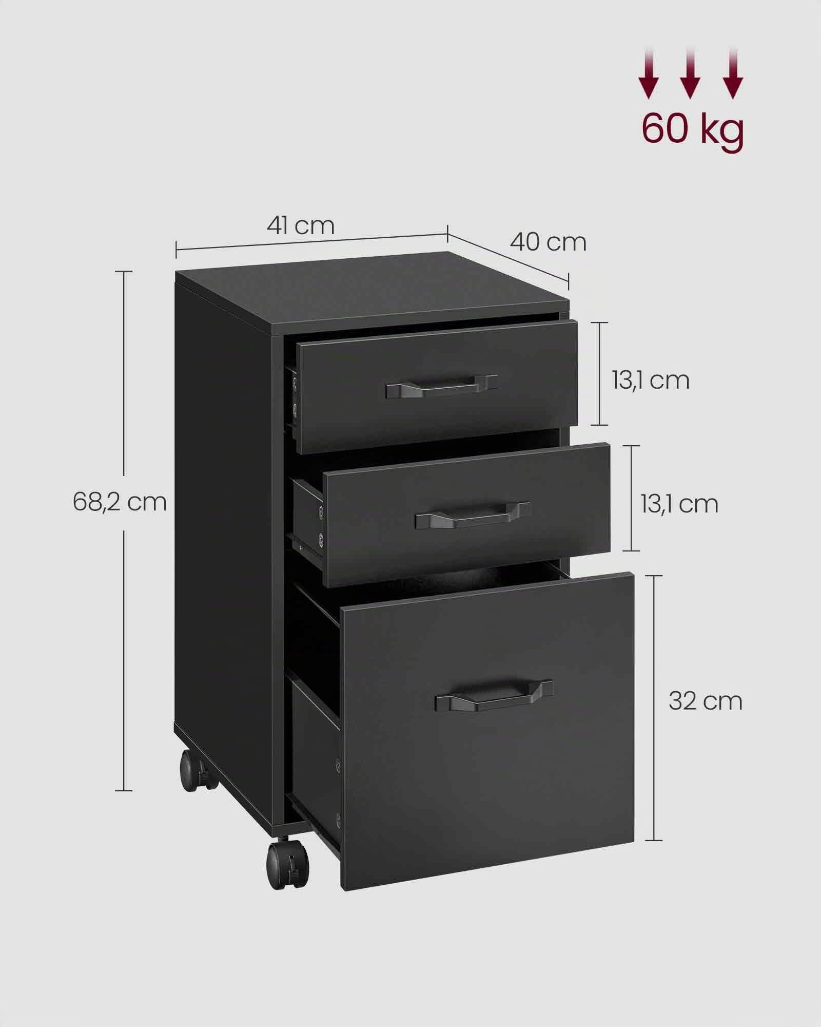VASAGLE Custos Collection - Caisson de Bureau, Meuble de Bureau à 3 Tiroirs, Casier sur roulettes, pour Documents Format A4, Tringle Réglable, Noir d'encre OFC065BC01