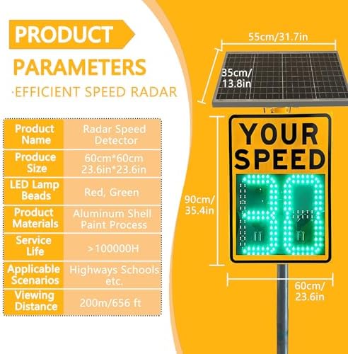 All-Weather LED Speed Limit Radar Sign with Remote Control, IP65 Waterproof, Solar-Powered 40W, 24"x35" Speed Display for Traffic Safety, Aluminum Construction