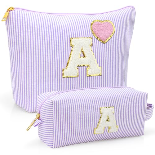 Personalized Initial Makeup Bag Gifts Preppy Cosmetic Bag Trendy Toiletry Travel Bag For Teen Girls Kids Women Letter Makeup Pouch Purse Holiday Gifts Birthday Christmas Gifts 2pack (A, Purple)
