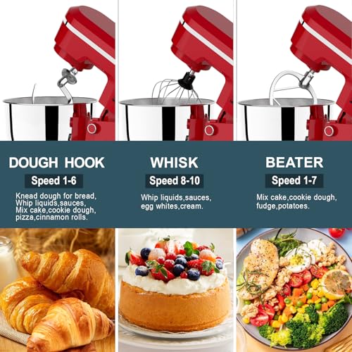 Image of Household Stand Mixer with 6.5 Quart Bowl, Electric Food Mixer 10+p Speeds 660W, Kitchen Tilt-Head Bread Dough and Cake Mixers with Dough Hook, Whisk, Beater, Splash Guard and Egg Separator (Red 1)