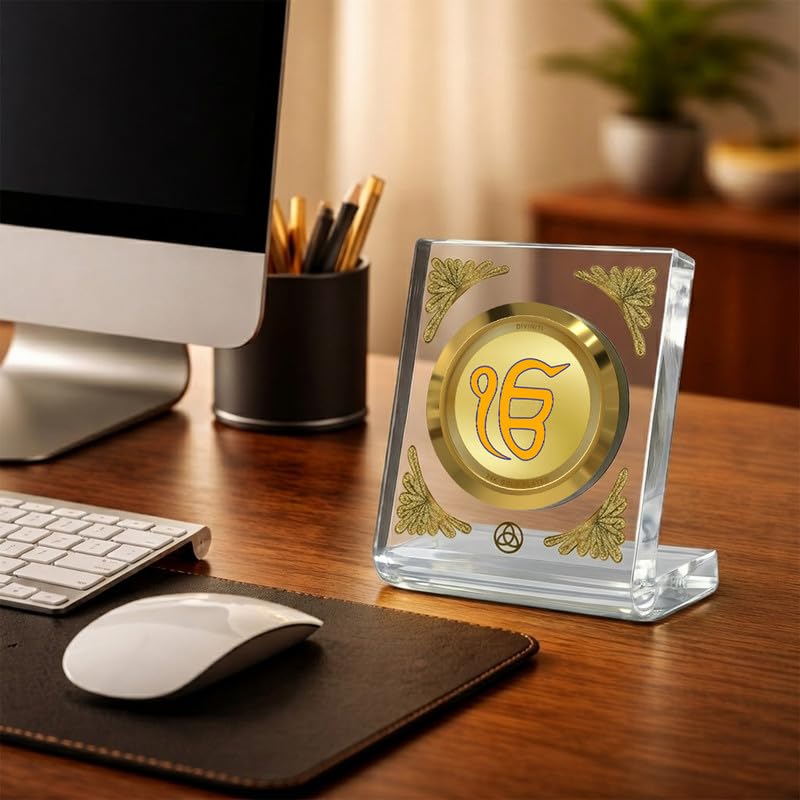 Image of DIVINITI 24K Gold Plated Ik Omkar Acrylic Frame for Car Dashboard, Home Temple & Office Table | Premium Spiritual Gift, Blessings for Protection & Positivity, 8x7 cm Decorative Showpiece