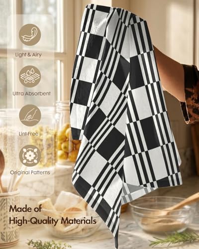 Image of Miss Adola 2 Pack Flour Sack Kitchen Towels - 16x26 Inch Black and White Cotton Dish Towels with Hanging Loop Reusable Modern Tea Towel Absorbent Dishcloths Home Decor, Checkered