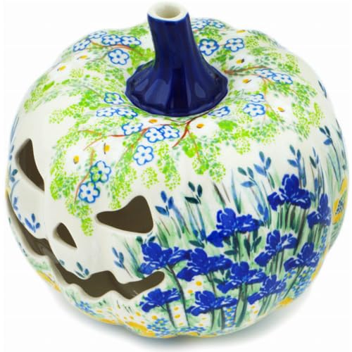 Authentic Polish Pottery Jack O Lantern Candle Holder Signature UNIKAT in Peaceful Garden Design Handmade in Boles?awiec Poland by Ceramika Artystyczna + Certificate of Authenticity