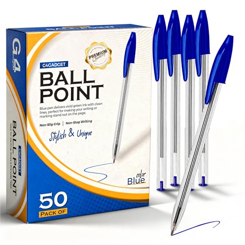 G4GADGET 50 Pack Blue Ballpoint Pens Medium Tip Biros for Smooth Writing Comfortable Grip Long-Lasting Ink Ideal for School Office & Home Use Bulk Stationery Supplies