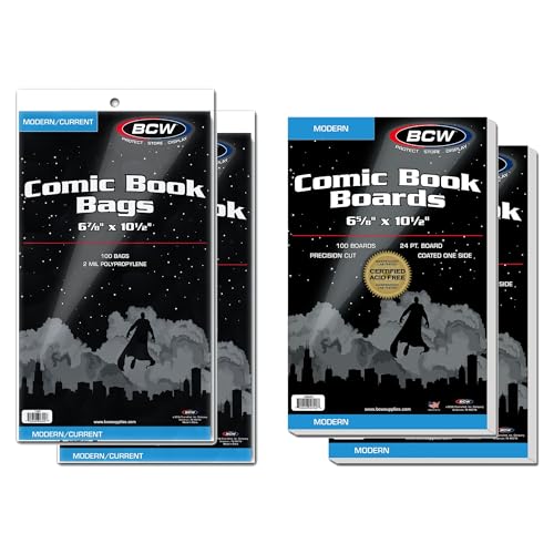BCW Comic Book Protection Combo: 200 Modern Bags + 200 Backing Boards | Ultimate Safeguard for Comics | Plastic Protectors and Backer Boards