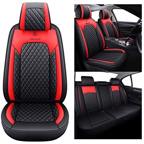 Aierxuan Car Seat Covers Full Set with Waterproof Leather, Seat Cushions Split Bench Universal Fit for Kia Soul Hyundai Accent Corolla CRV Vw Ford Ranger Fusion Wrangler (Full Set, Black-Red) Cover