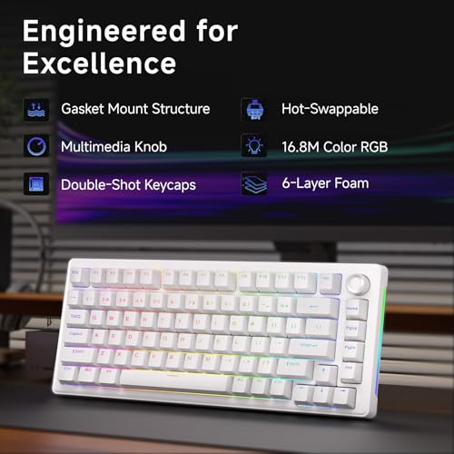 Dierya DK81E Gaming Keyboard with Knob,75% Percent Gasket Mount Hot Swappable Cream Switch Wired Mechanical Keyboard,Programmable 82 Keys RGB Backlit Ultra-Compact (white, Cream Switch) - Image 3