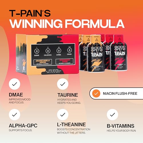 Image of Nappy Boy Dranks Good Game by T-Pain Energy Shot, 2oz (6 Pack), Sugar-Free, Zero Calorie Focus Drink with 200mg Caffeine and B-Vitamins (B3, B6, B12) - Clean, No-Crash Energy Boost, 3 Orange Vanilla Vortex + 3 Strawberry Surge