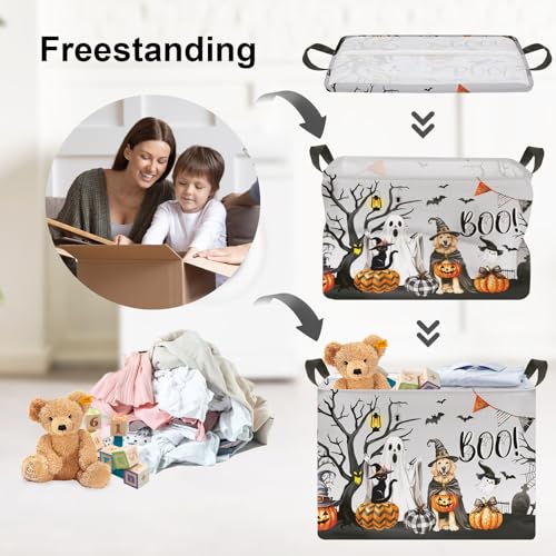 Image of Clastyle Large Spooky Halloween Baby Gift Basket Stuffers Boy Girl Pumpkin Bat Graveyard Boo Nursery Bin Kid Book Toy Box Collapsible Clothes Organizer for Bedroom,Dog,40 * 30 * 30 cm