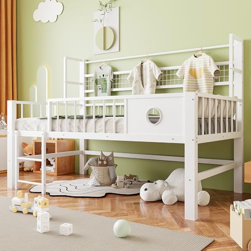 Cama Alta Blanca 90x200cm con Barra de Ropa Metalica Estructura de Cama con Repisa de Rejilla Marco de Cama con Almacenaje Inferior Cama Juvenil para Dormitorio Moderno y el Hogar