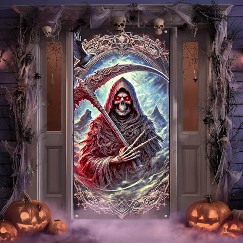 Image of BlissYard Door Cover Grim Reaper 35x71 Inch Polyester | Door Banner, Wall Decor | Grim Reaper Entry Accent, Gothic Scene Backdrop | Porch, Hallway, Party (Gothic Art)