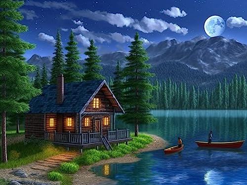 5D Diamond Painting Landscape, Paint with Diamonds DIY Diamond Art Moon Lake Hut, Diymood Painting by Number Kits Full Drill Rhinestone for Home Wall Decor 12x16inch