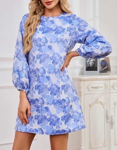 Ladyful Women's Long Sleeve Floral Mini Dress Jacquard Elegant Party Shift Short Dress with Pockets4