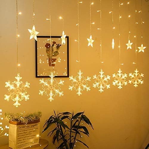 Image of K D Waterproof 6 Snow+ 6 Star Warm Yellow 138 LEDs Curtain LED String Lights with 8 Flashing Modes Indoor Outdoor for Home, Diwali, Christmas (Warm Yellow)