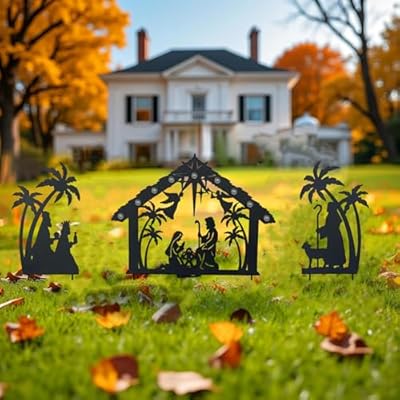 WAIU Christmas Garden Jesus Scene Decor, Solar Lighted Outdoor Nativity Set with 9 LED Lights, Christmas Decoration for Indoor Outdoor Holiday Party Garden Yard Lawn Decor