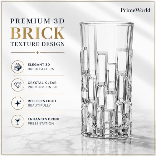 Image of PrimeWorld Italian Premium Water & Juice Glasses Set of 6-300ml | Transparent 3D Brick Design Crystal Highball Glasses for Water, Juice, Milk, Lassi & Cocktails