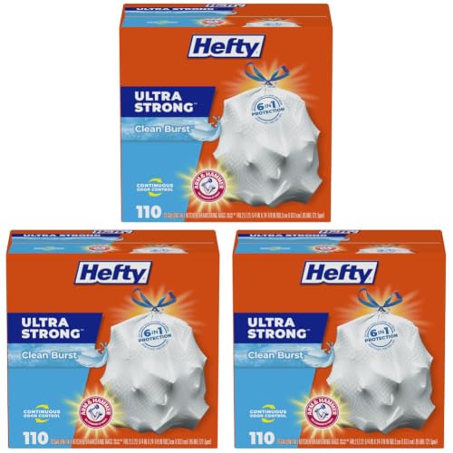 Image of Hefty Ultra Strong 13 Gallon Trash Bags, Tall Kitchen Trash Bags 13 Gallon Size, Drawstring Closure, Continuous Odor Control, White, Clean Burst Scent, Bags 110 Count (Pack of 3)