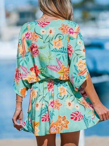 CUPSHE Women's Mini Dress V Neck Floral Half Dolman Sleeve Belted Loose Fit Short Summer Beach Dress2