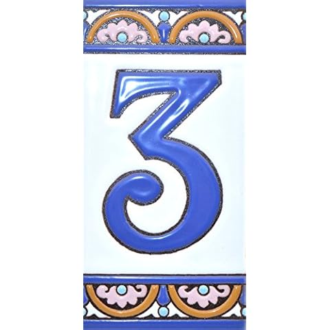 House numbers 6 inch. Handpainted house number tiles for signs, addresses and names. Address numbers for houses. House address numbers and letters. Design ARCO GRANDE 5,86" x 2,91" (NUMBER 3) Cover