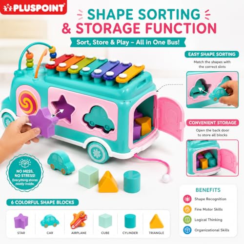 Image of PLUSPOINT Activity Bus Musical Toy for Toddlers | School Bus Xylophone with Shape Sorter & Knocking Game | Educational Learning Toy for 1+ Year Old Boys & Girls | Birthday Gift