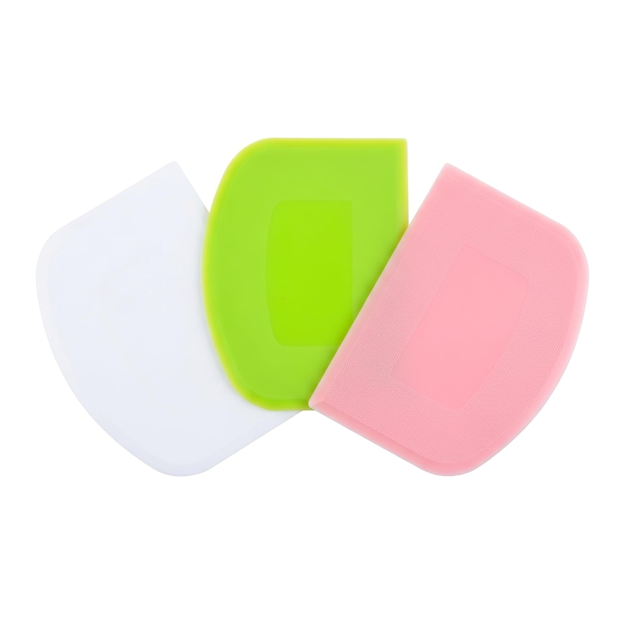 Jrteay White/Pink/Green 3 Piece Set Anti-Slip Dough Scraper Bench Scraper Flexible Plastic Bowl Cake Scraping Tool With Sharp Edge Angles For Kitchen Baking Bread Cooking, 19G Set