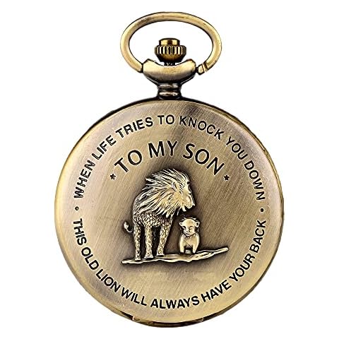 to My Son Lion Engraved Bronze Roman Dial Quartz Pocket Watch Cover