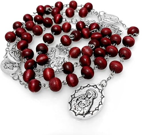Seven Sorrows of Mary Rosary Chaplet Rose Scented 7 * 8mm Wooden Beads Catholic Jewelry Necklace for Pray (Red)